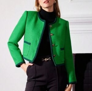 MOTF Green Collarless Wool Blend Tweed Cropped Jacket w/Braided Trim Sz M